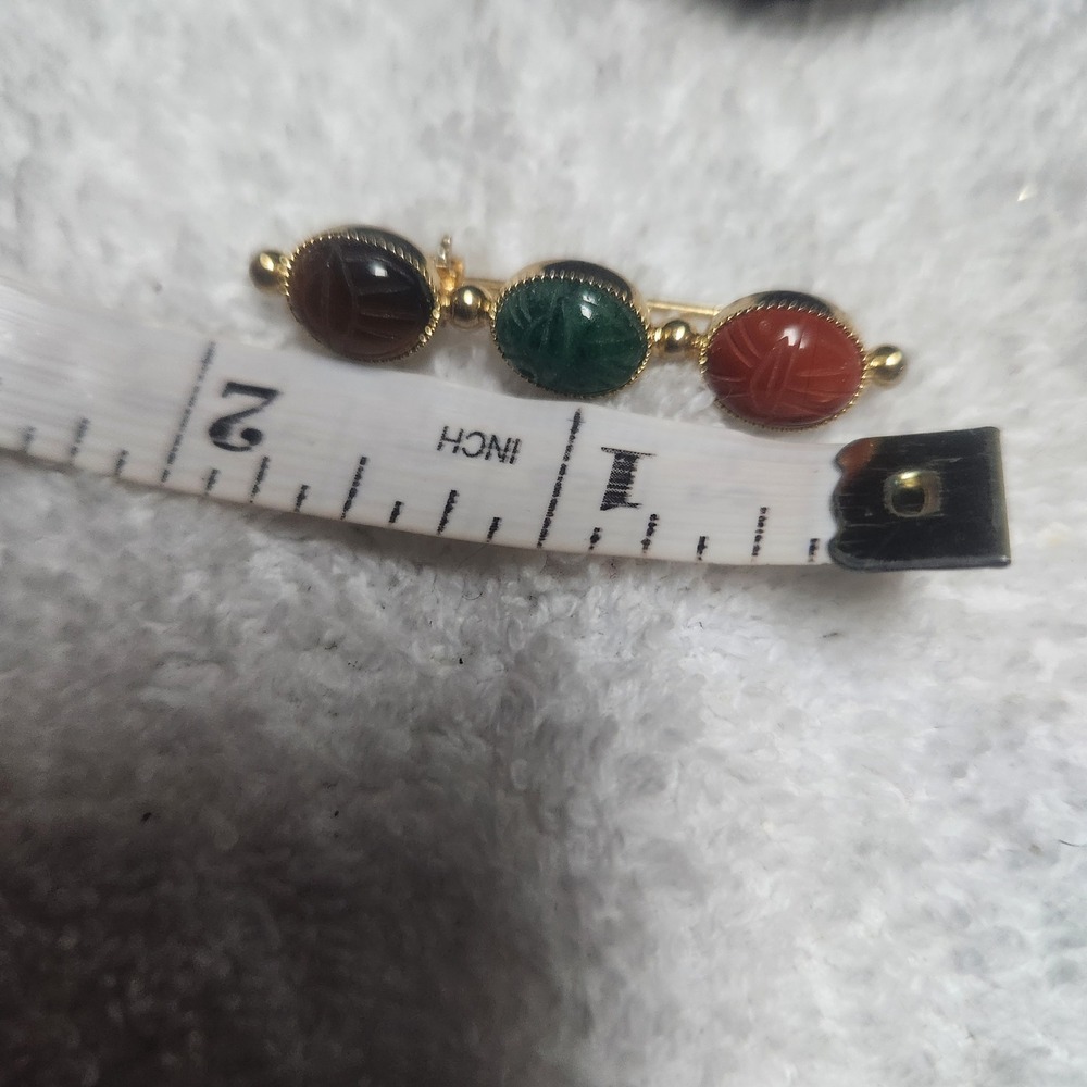 Vintage Gold Tone 3 Stone Scarab Bar Brooch Multi Color Egyptian Revival Pin - Picture 2 of 7